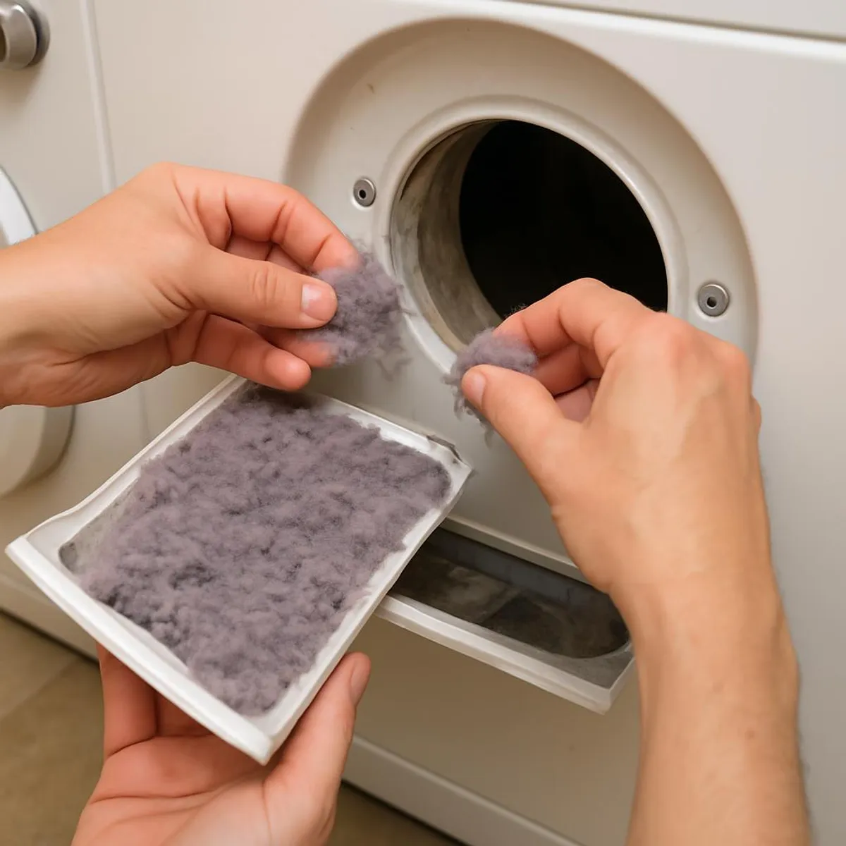 Hands cleaning a dryer vent and lint trap