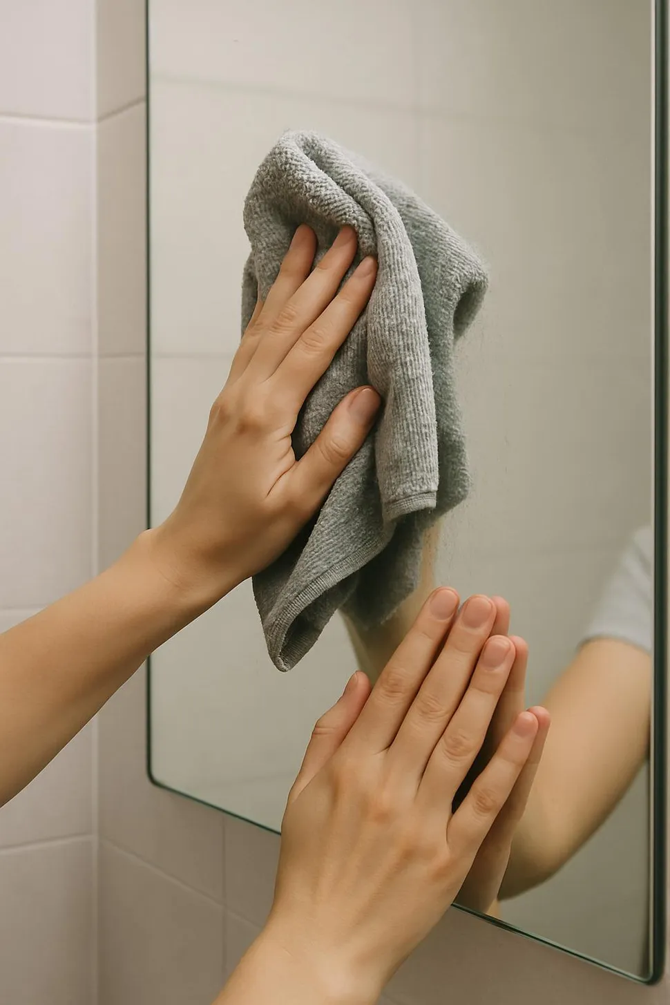 Hands cleaning a mirror with a reusable cloth