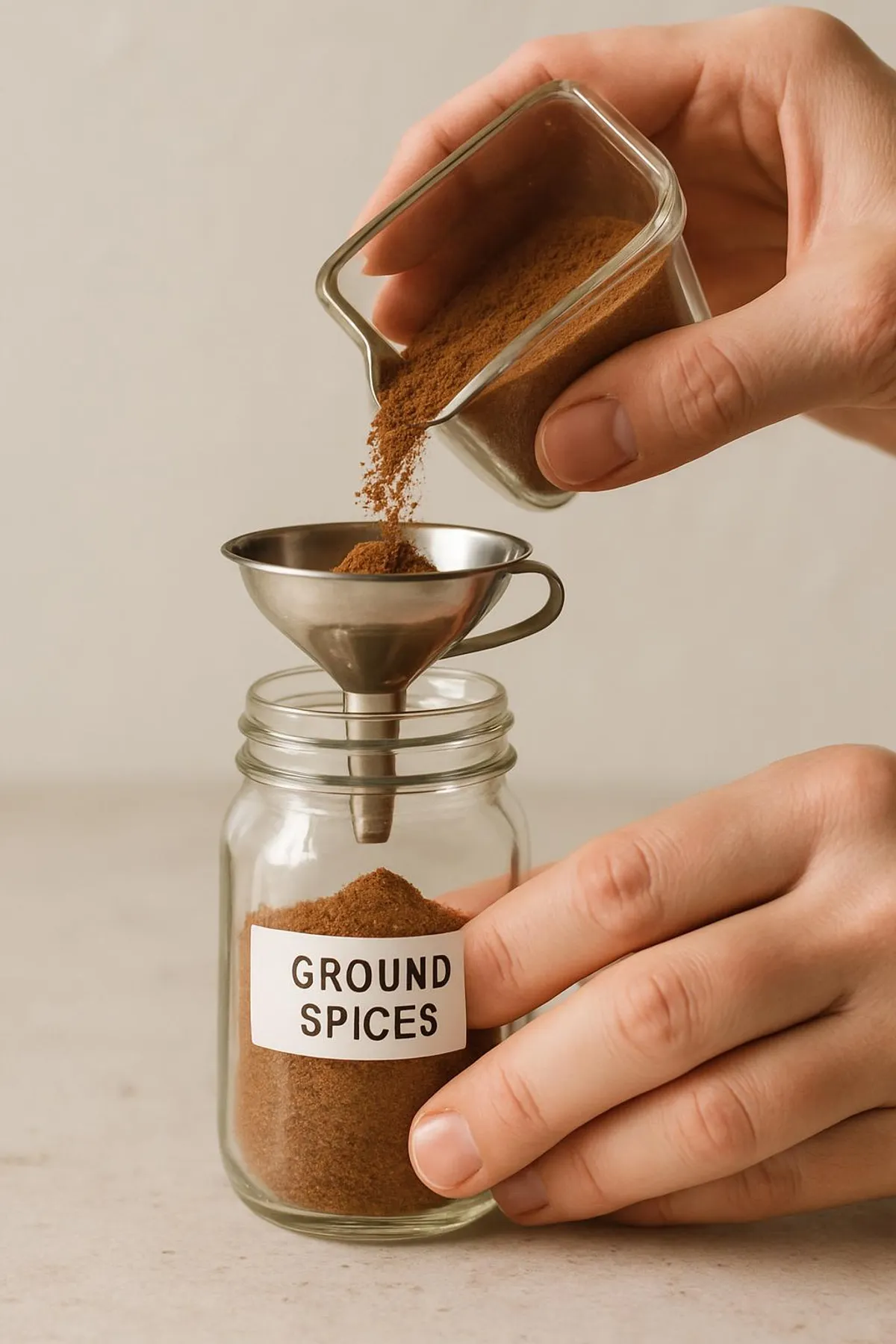Hands decanting ground spices through a tiny funnel into a labeled glass jar