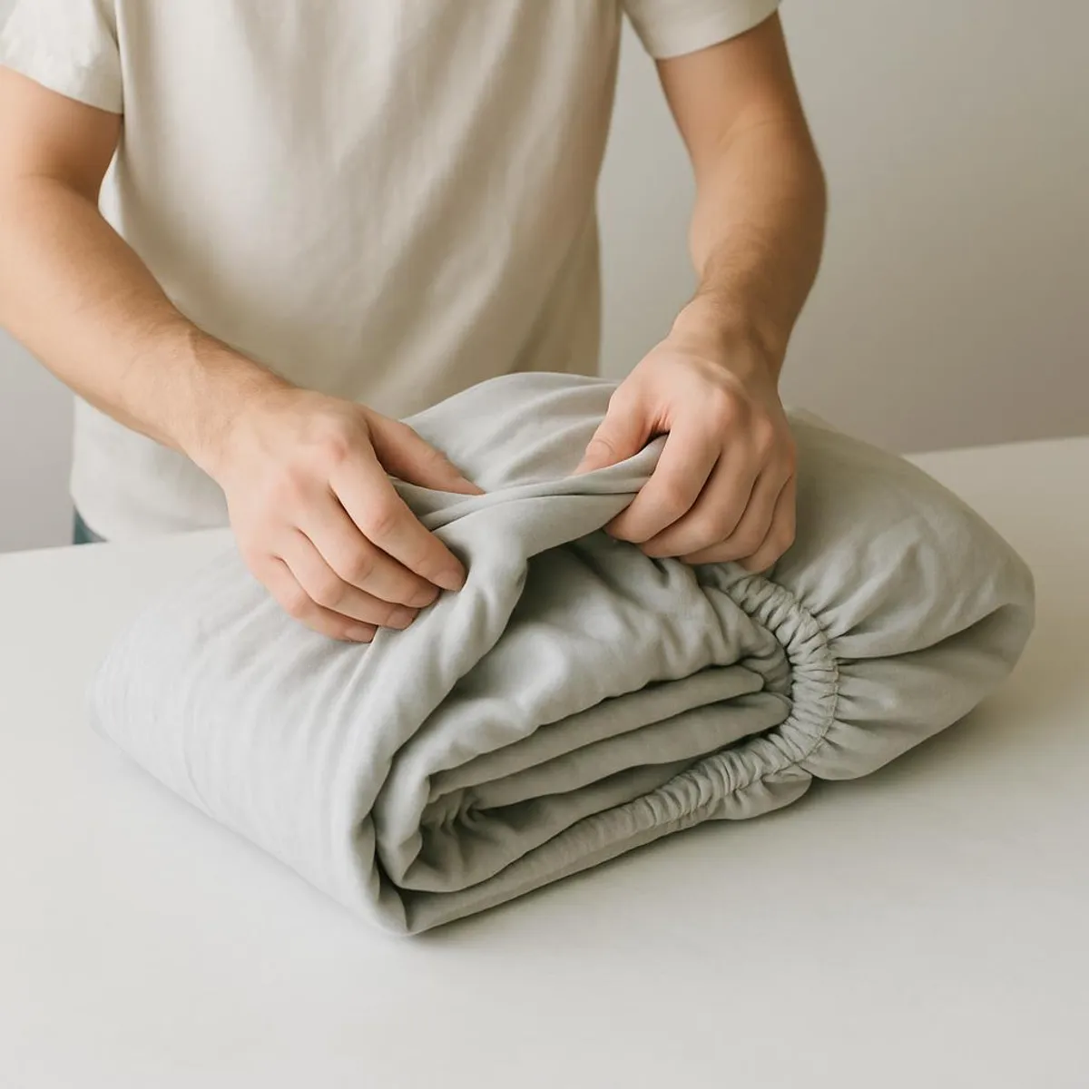 Hands folding a fitted sheet on a clean surface