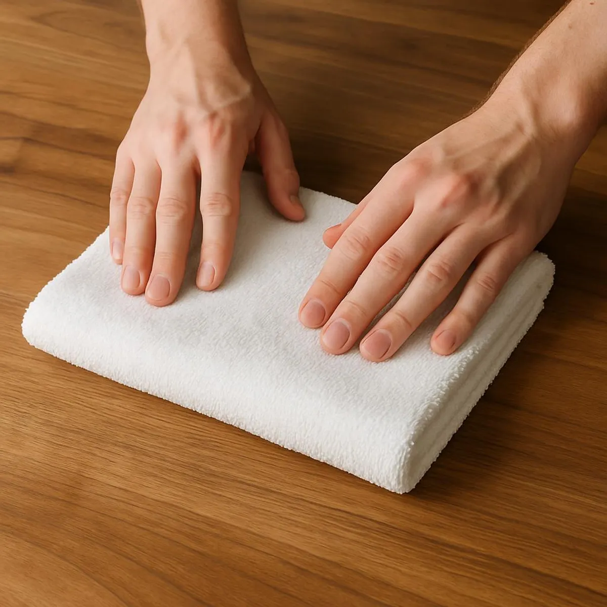 Hands folding a towel into a neat rectangle on a wood surface