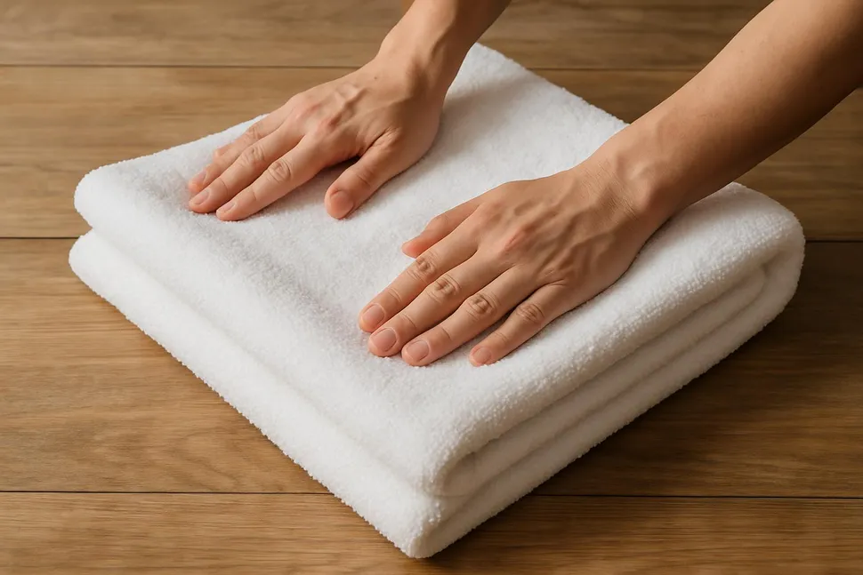 Hands folding a white bath towel on a wooden surface