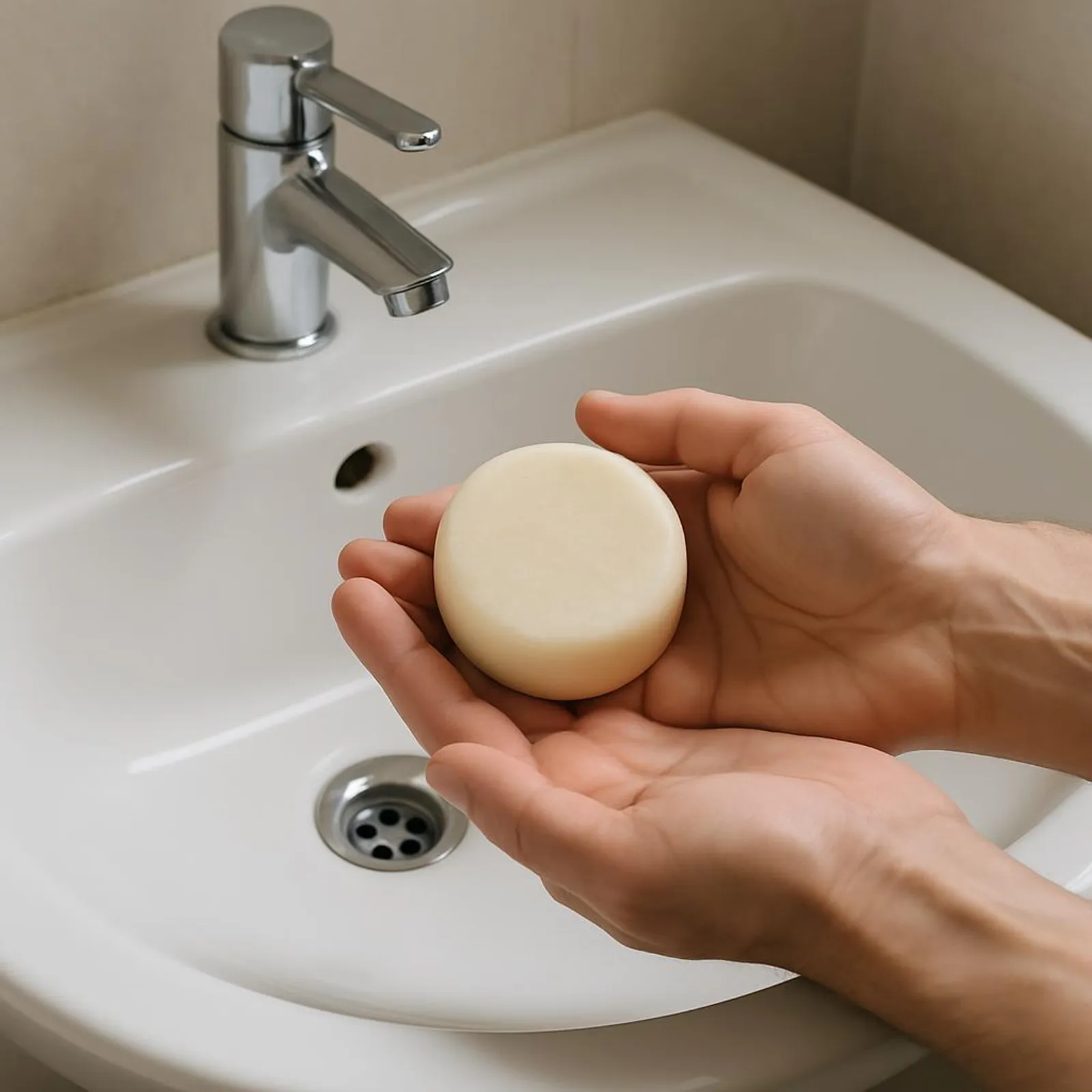 Hands holding a solid shampoo bar over a clean sink