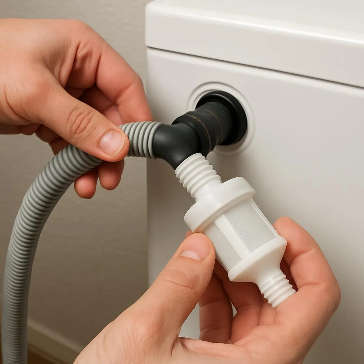 Hands installing a simple inline filter on a washing machine drain hose