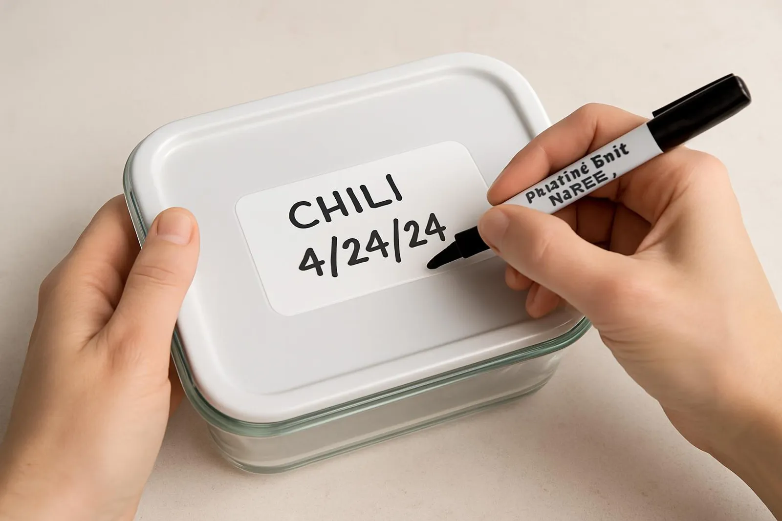 Hands labeling a glass container with a freezer-safe marker