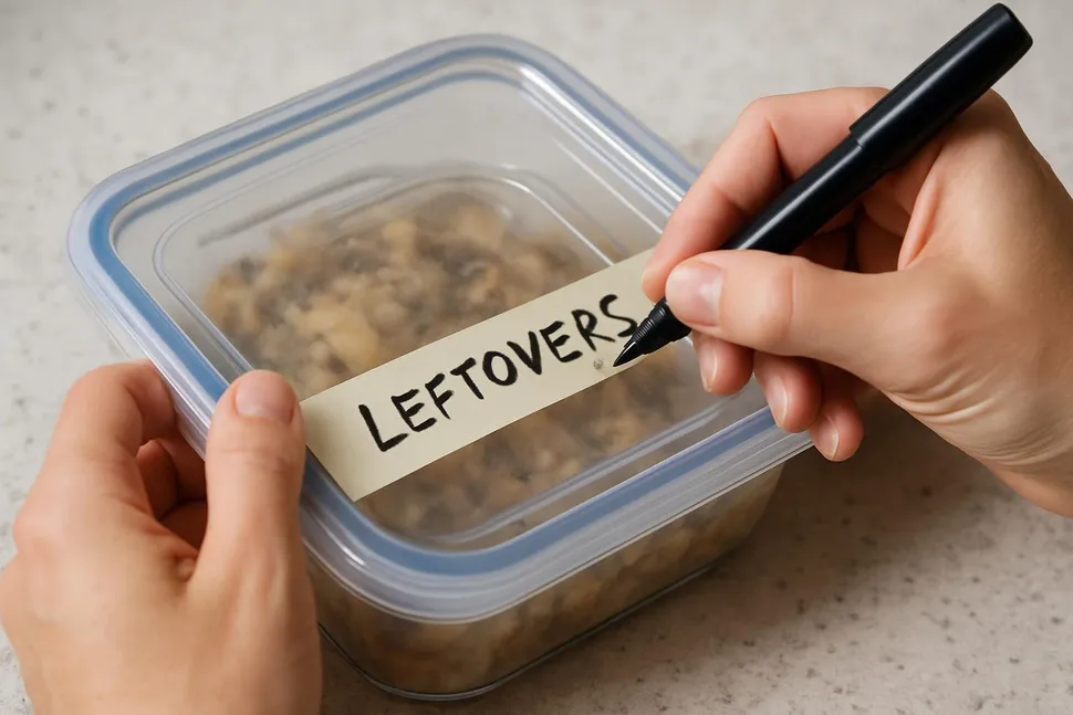 Hands labeling a leftovers container with masking tape