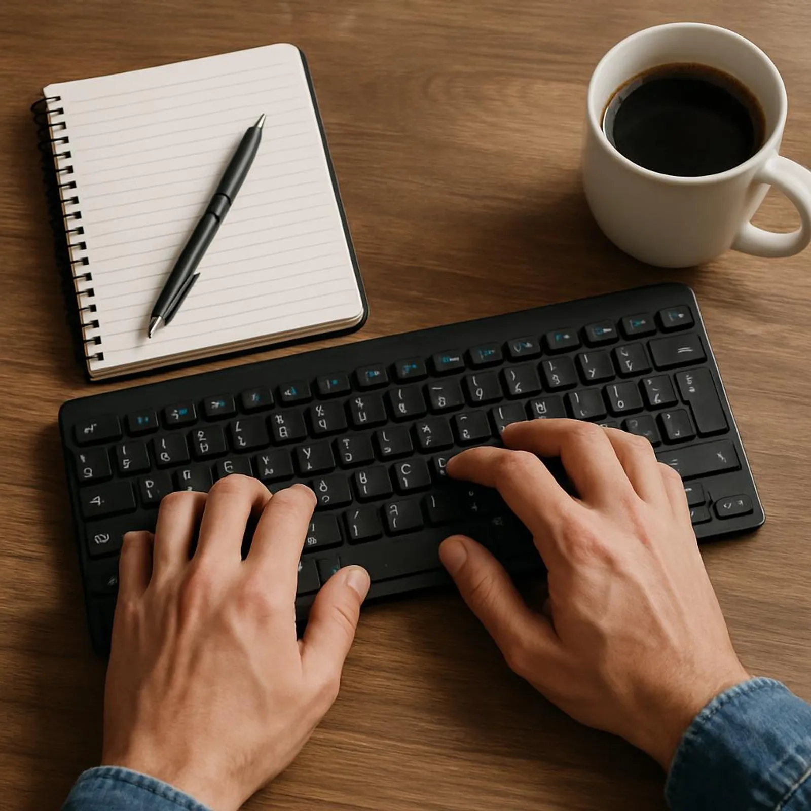 Hands on a keyboard with a notepad and coffee nearby
