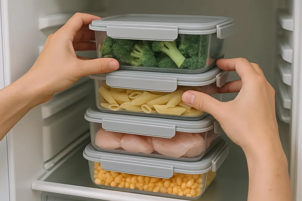 Hands organizing food containers neatly