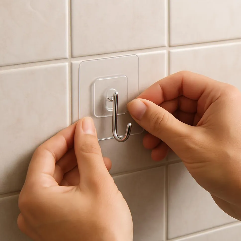 Hands placing an adhesive hook on tile