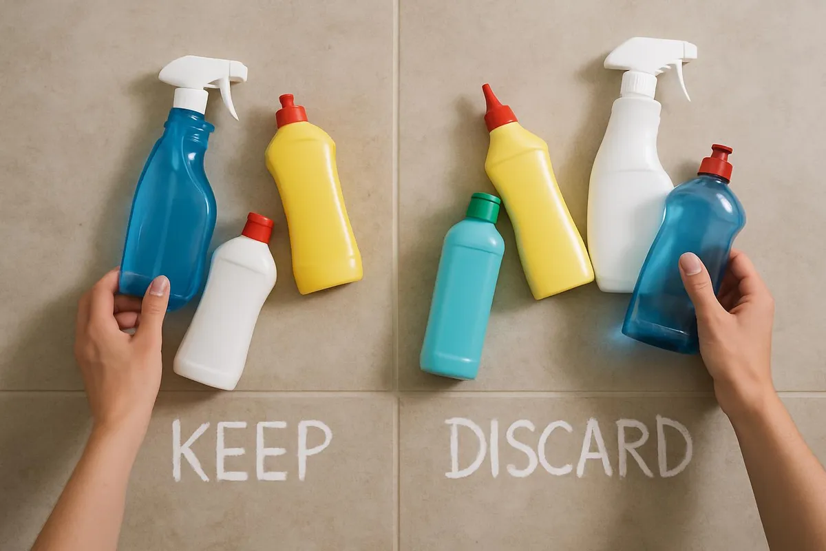 Hands sorting cleaning bottles into keep and discard piles on the floor