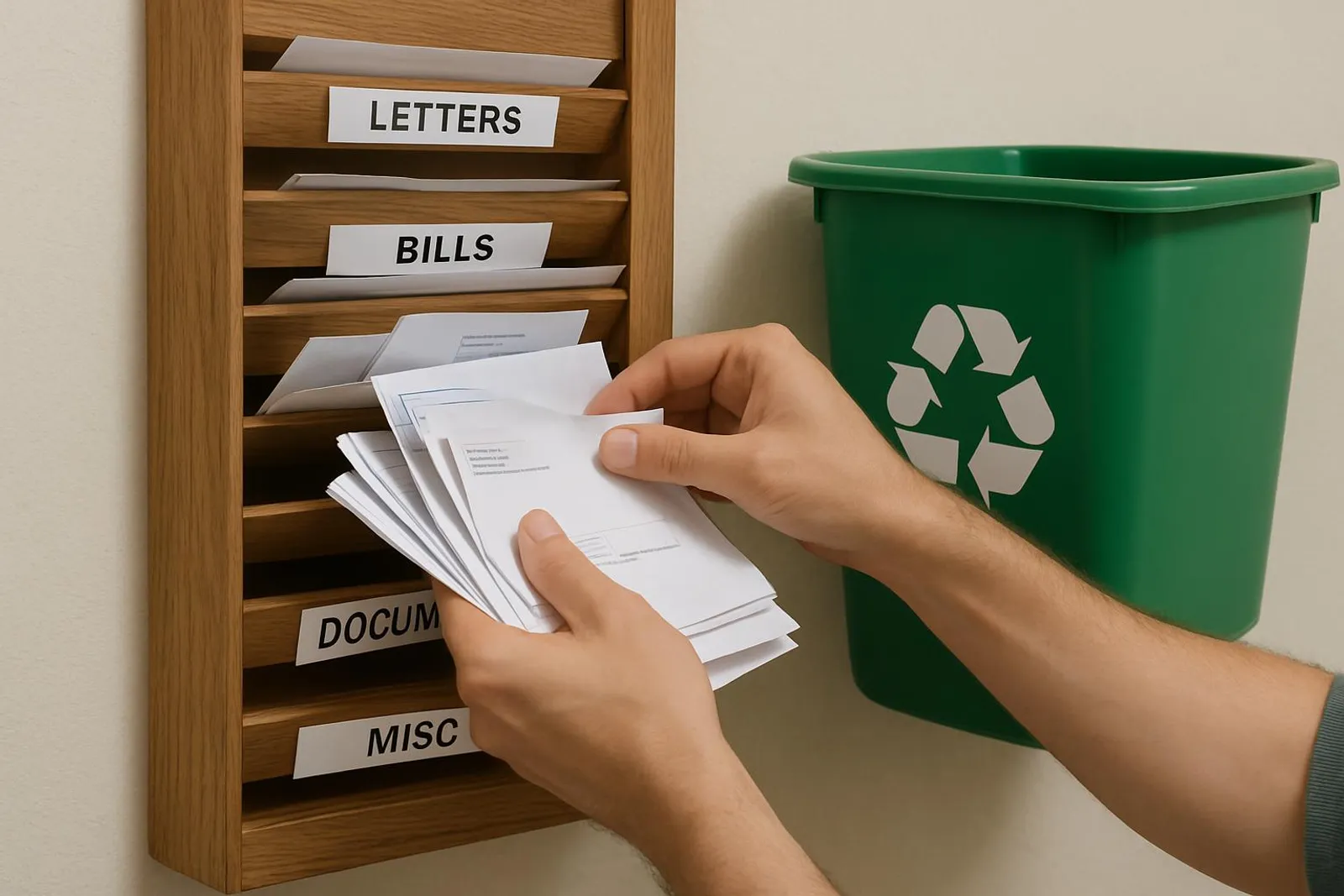 Hands sorting mail into labeled slots with a recycling bin nearby