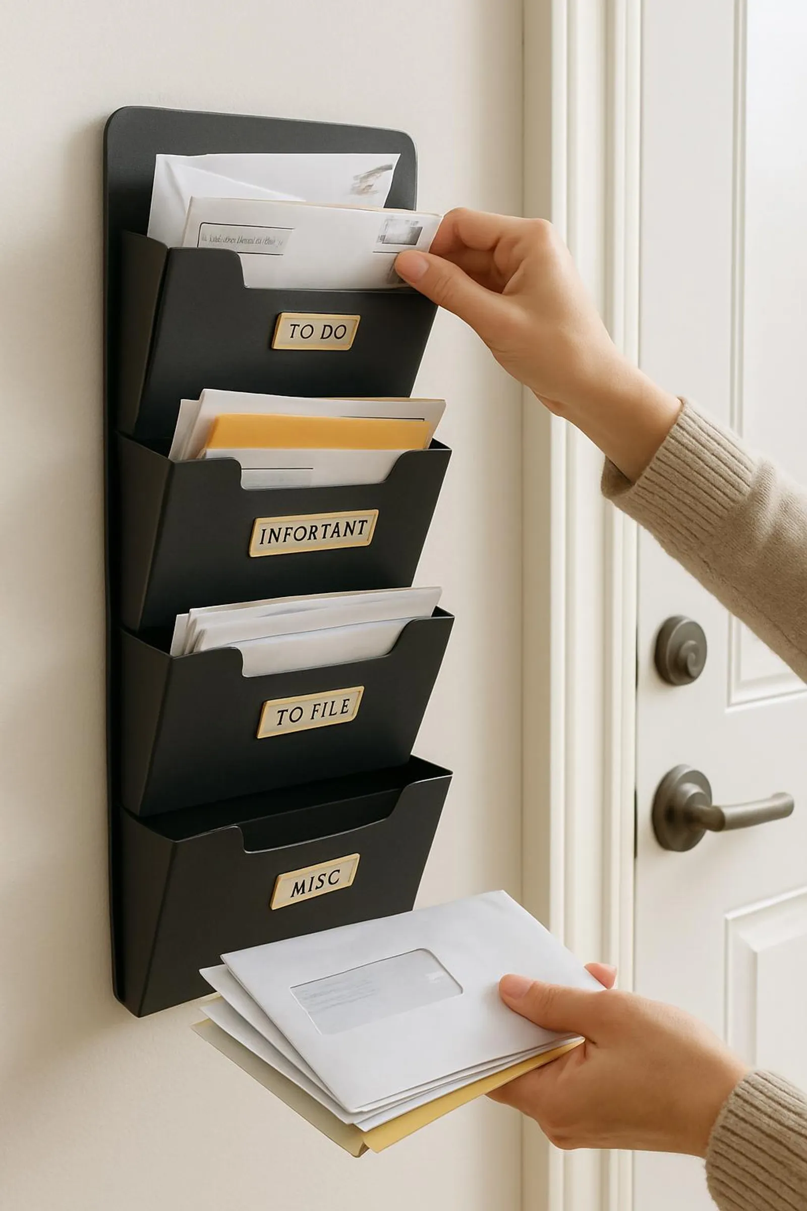 Hands sorting mail into labeled wall file slots by an entryway