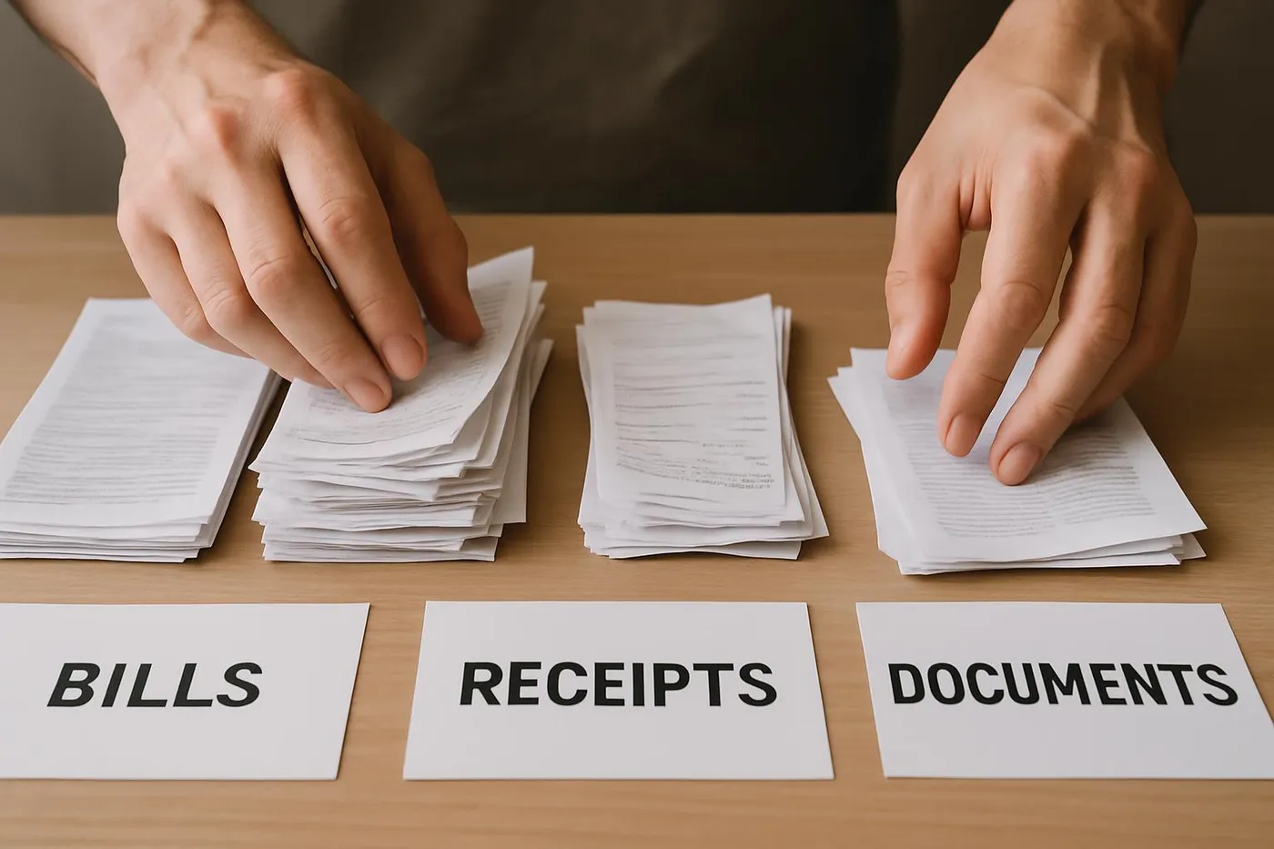 Hands sorting paper into labeled stacks
