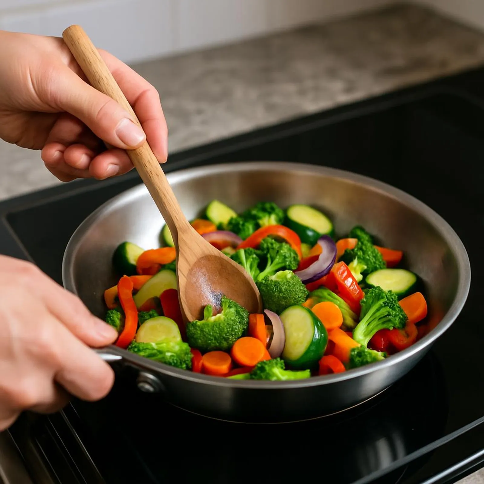 Hands stirring vegetables in a stainless pan on a cooktop