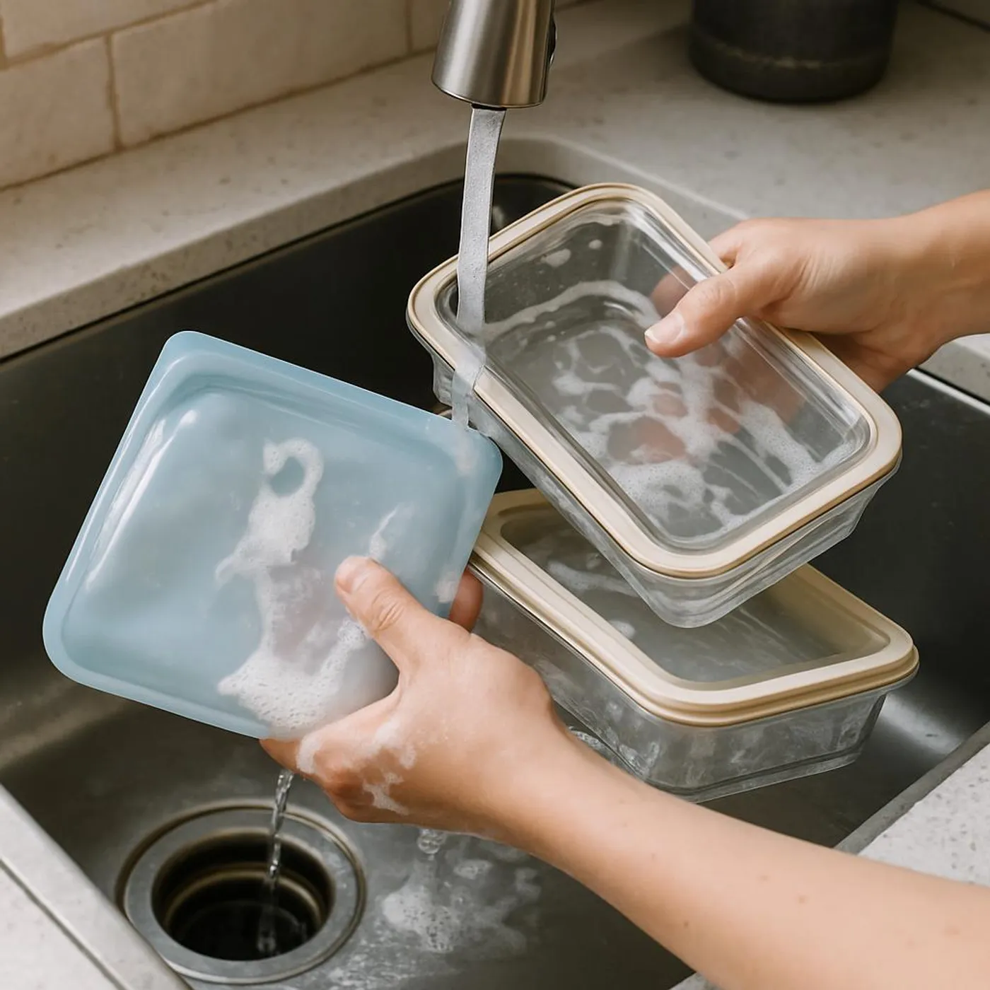 Hands washing reusable containers and a silicone bag at a sink