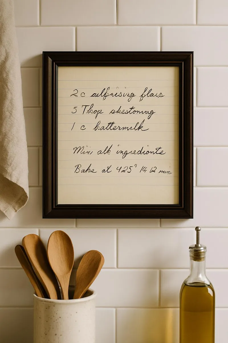 handwritten recipe framed in kitchen