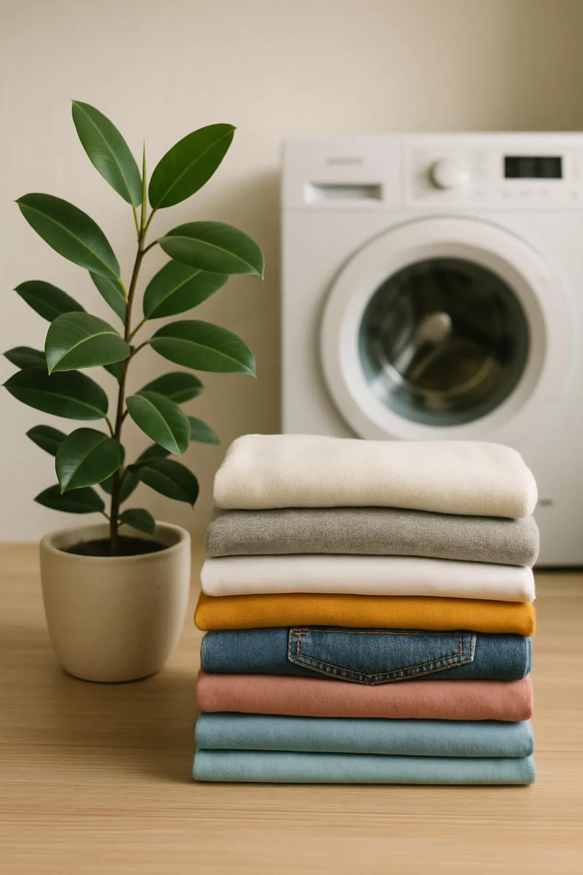 Happy laundry vibes with neatly folded clothes and a plant