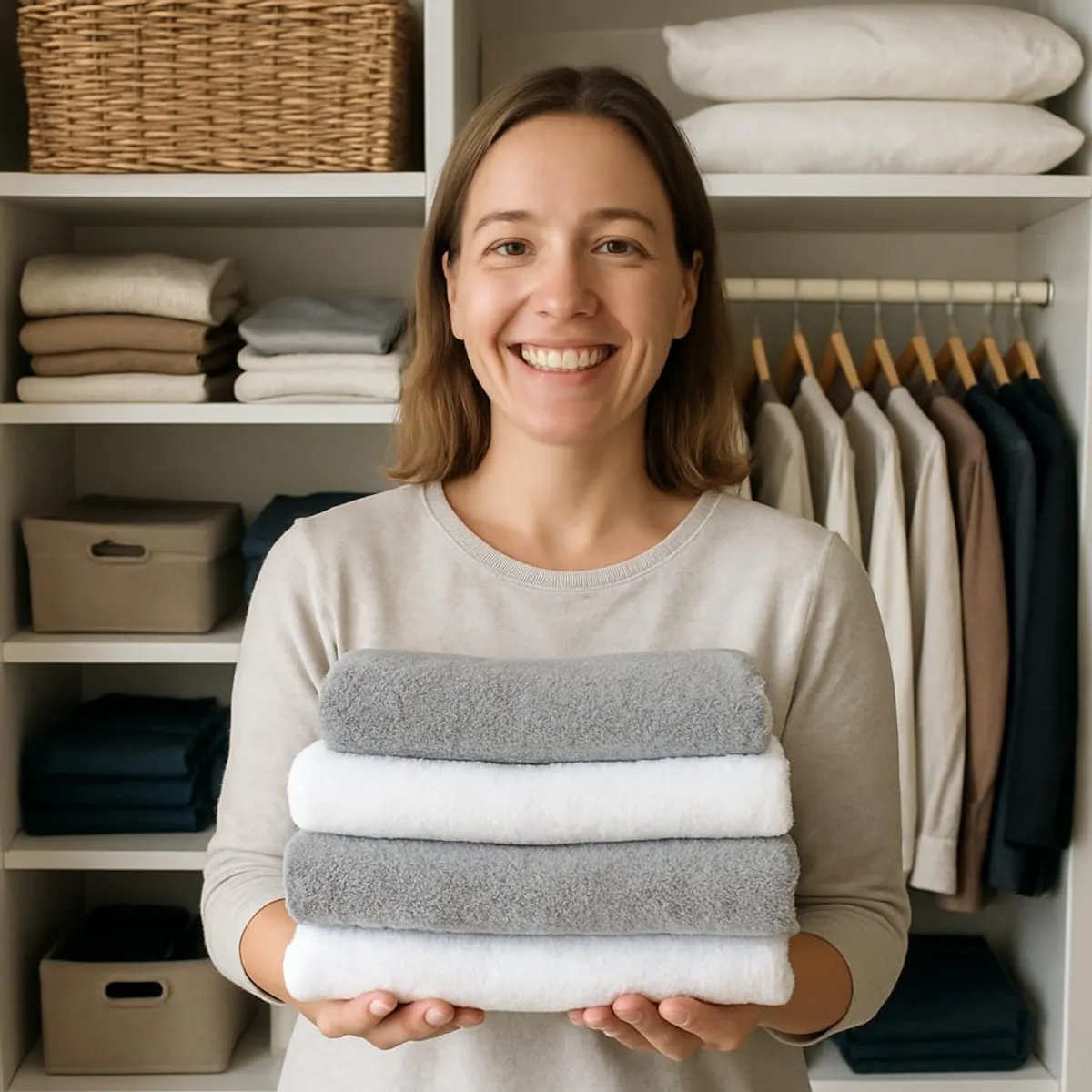 Happy person holding a tidy stack of towels in front of an organized closet