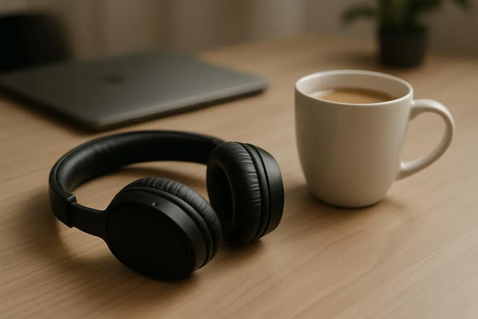 Headphones and a coffee cup on a desk, a calm work setup