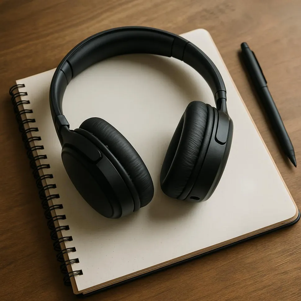 Headphones and notebook set up for deep work