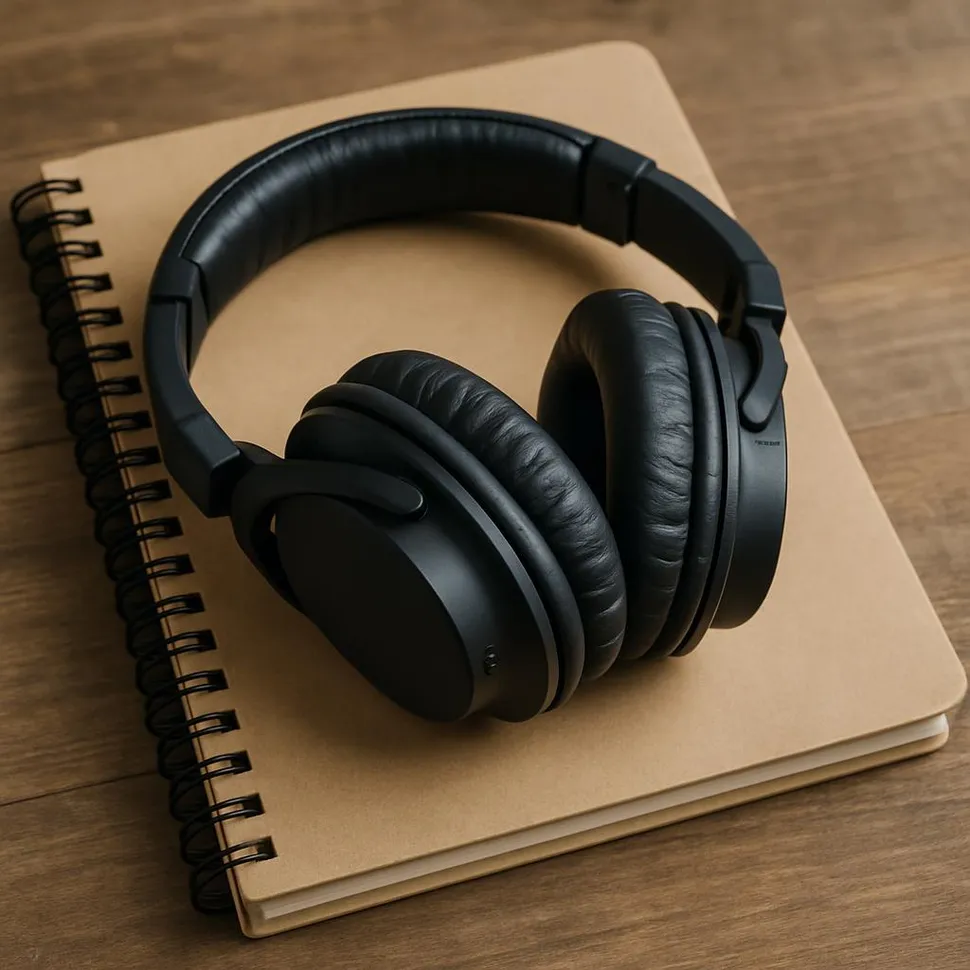 Headphones folded on a notebook.