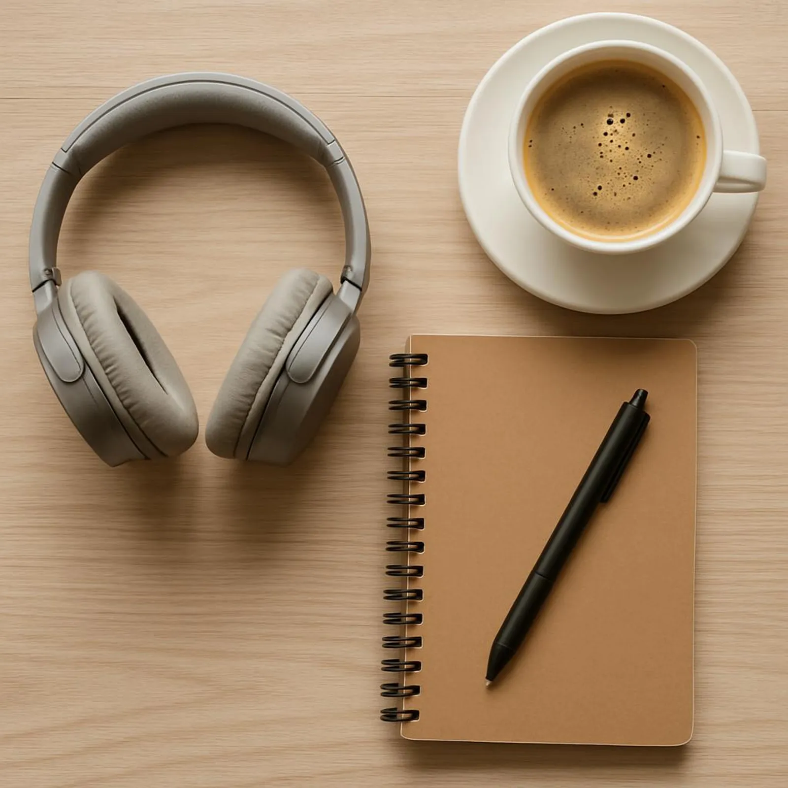 Headphones, notebook, and coffee arranged neatly for focus time