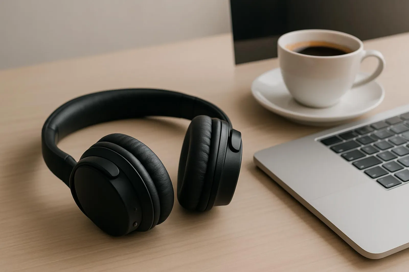 Headphones on a minimalist desk with a laptop and a cup of coffee
