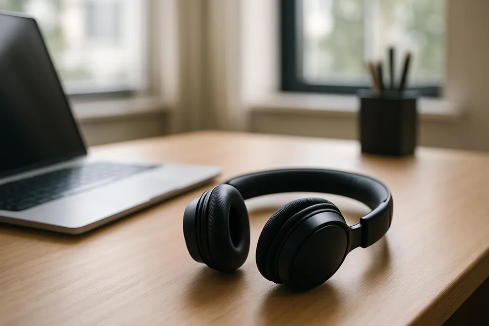 Headphones resting on a desk, ready for deep work.