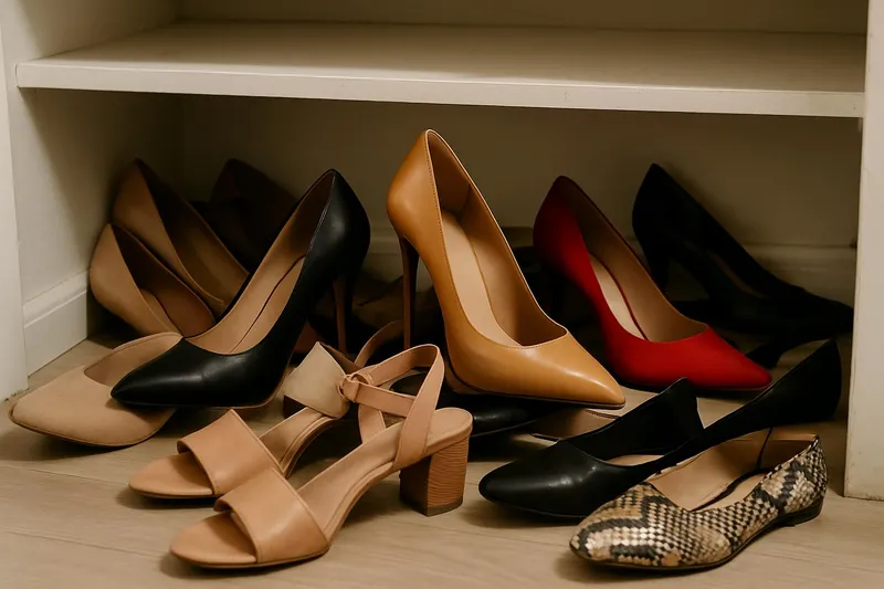 Heels and shoes scattered in a messy closet