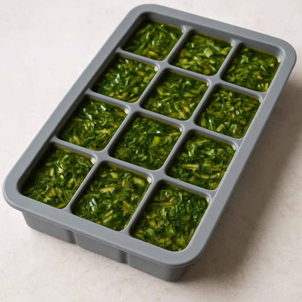 Herb and oil cubes in a silicone tray ready for the freezer