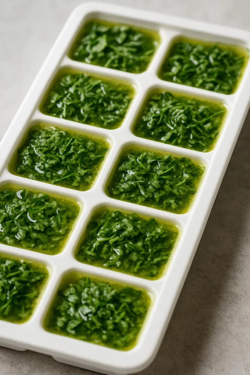 Herbs frozen in olive oil cubes in a tray