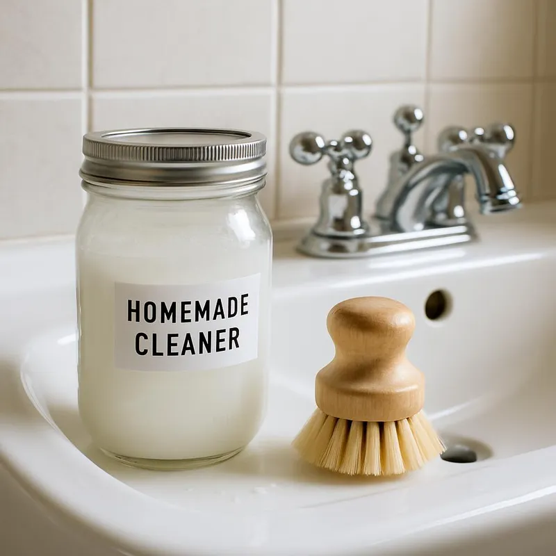 Homemade cleaner and scrub brush on bathroom sink