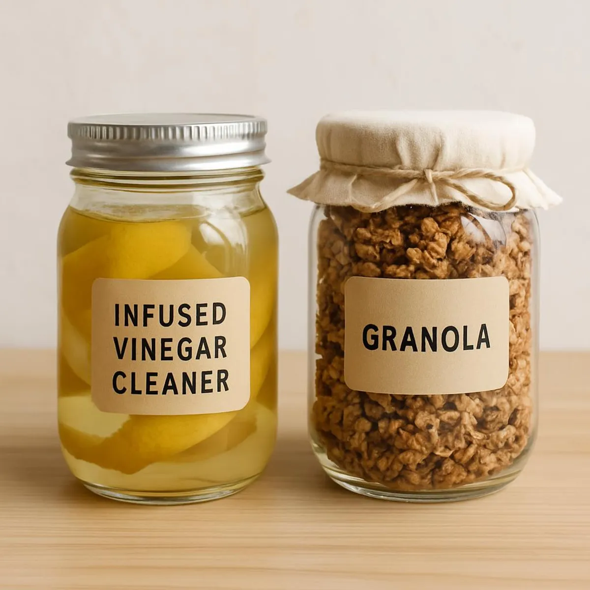 Homemade gifts: jars of infused vinegar cleaner and granola with simple labels