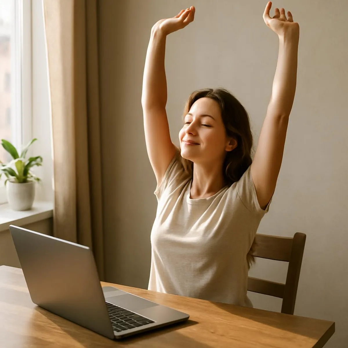 Homeworker stretching arms in morning light with laptop nearby