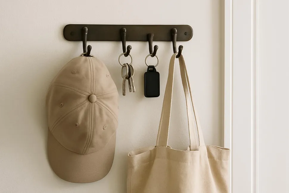 Hooks by the door holding keys, a hat, and a bag
