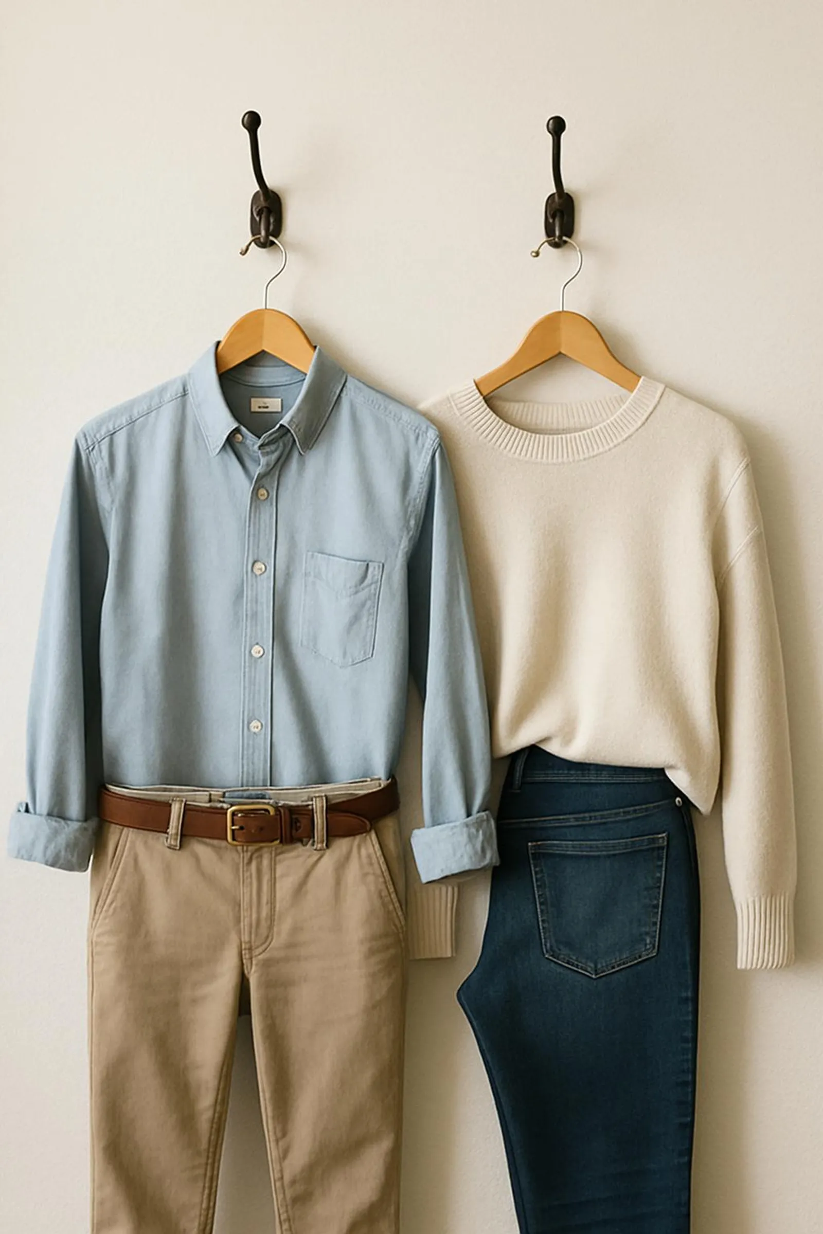 Hooks serving as a nightly valet station for next-day outfits.