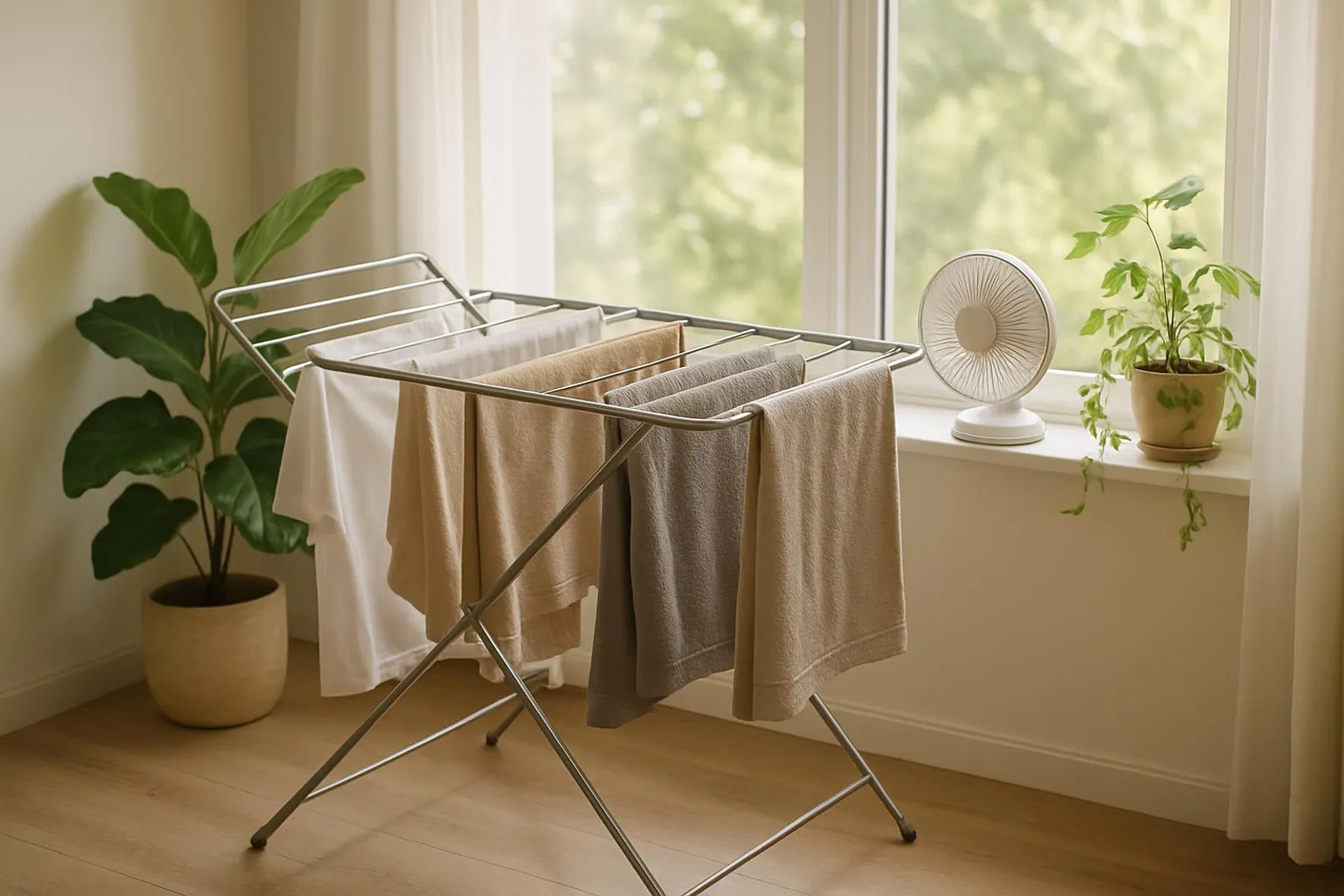 Indoor drying rack by a bright window with plants and a small fan
