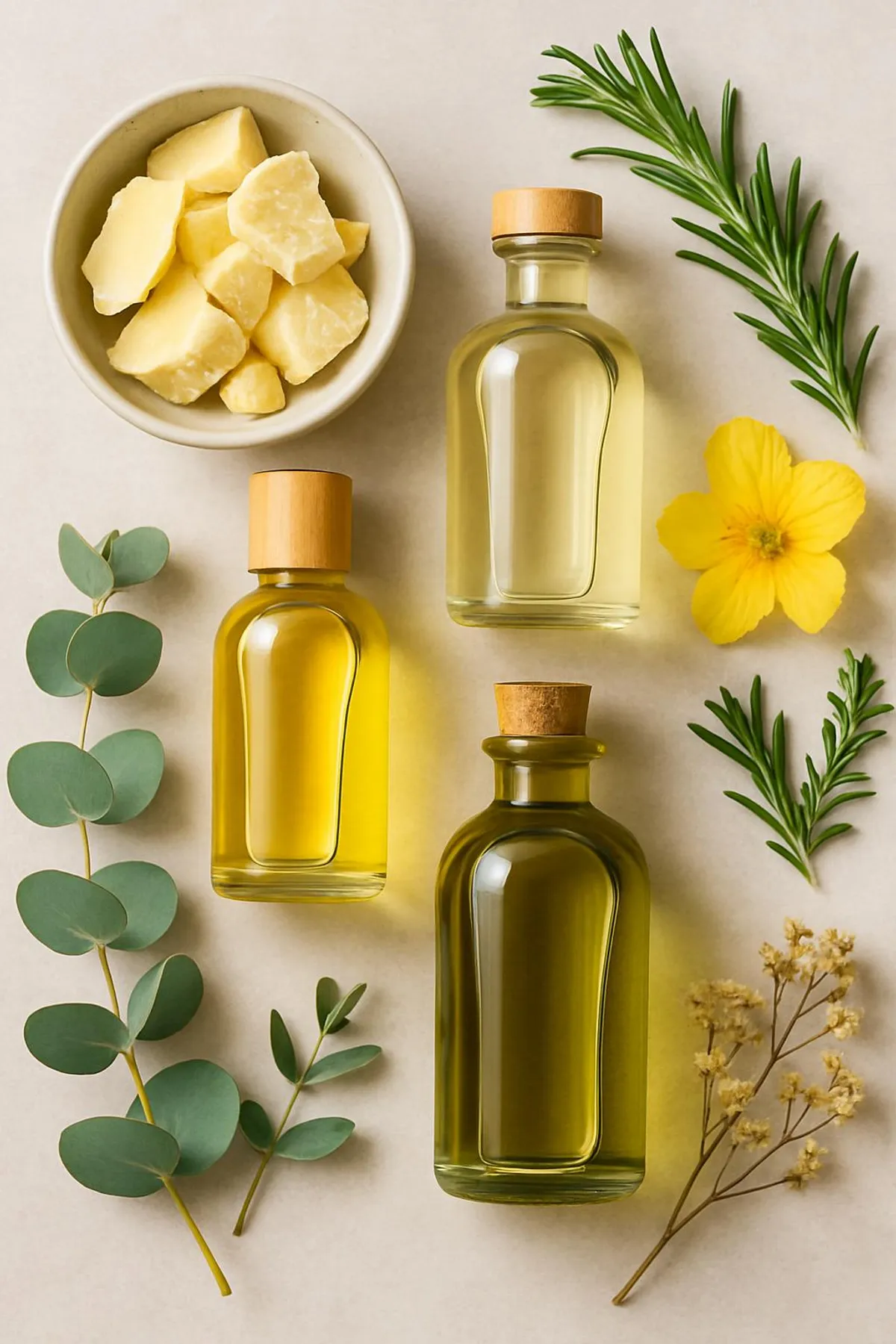 Ingredients flat lay: cocoa butter, oils, and botanicals used in haircare