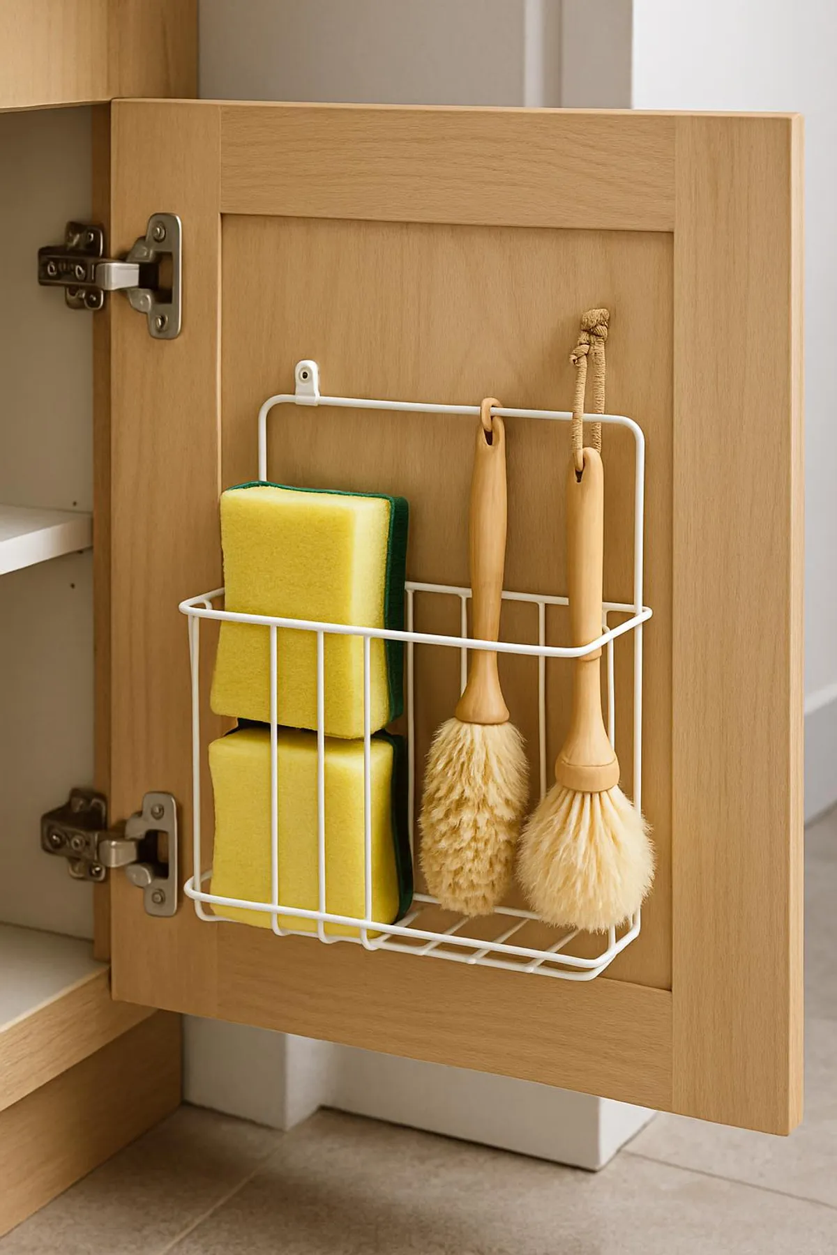 Inside a cabinet door with a mounted organizer holding sponges and brushes