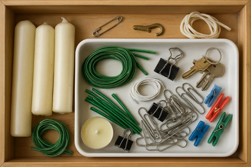 Junk drawer with candles, clips, and twist ties