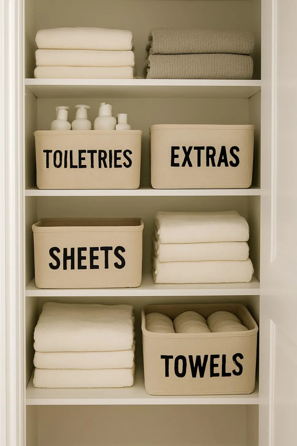 Kid-friendly linen closet with low bins and big labels
