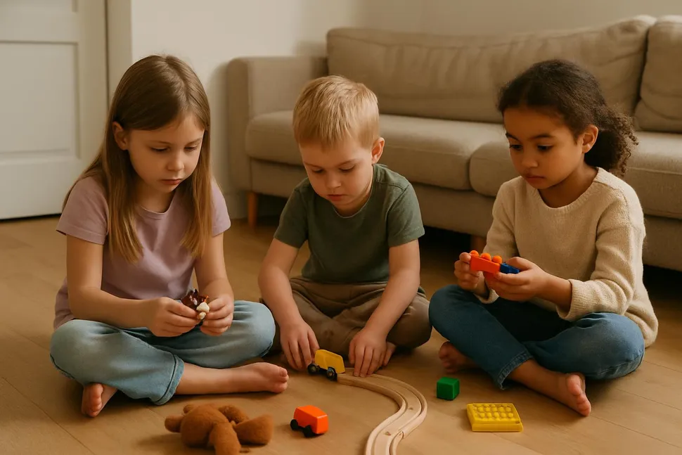 Kids playing with a limited selection of toys on the floor