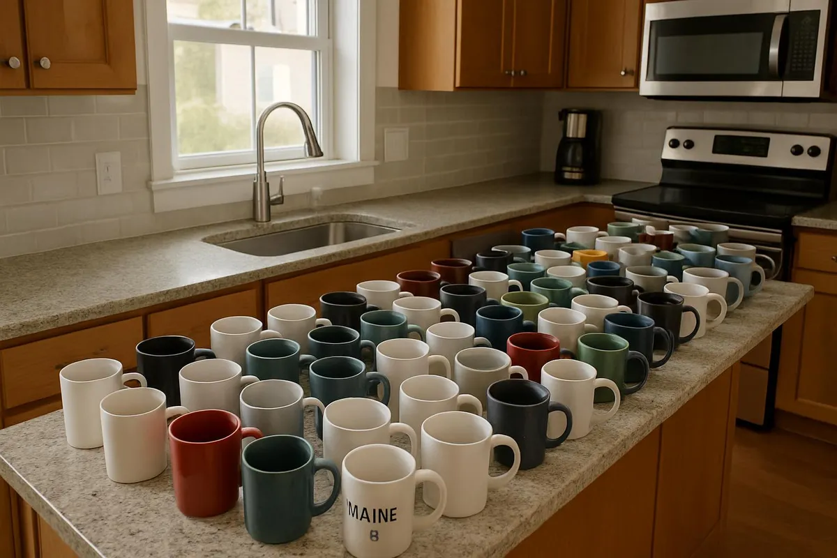 Kitchen counter covered with mugs lined up for decluttering.