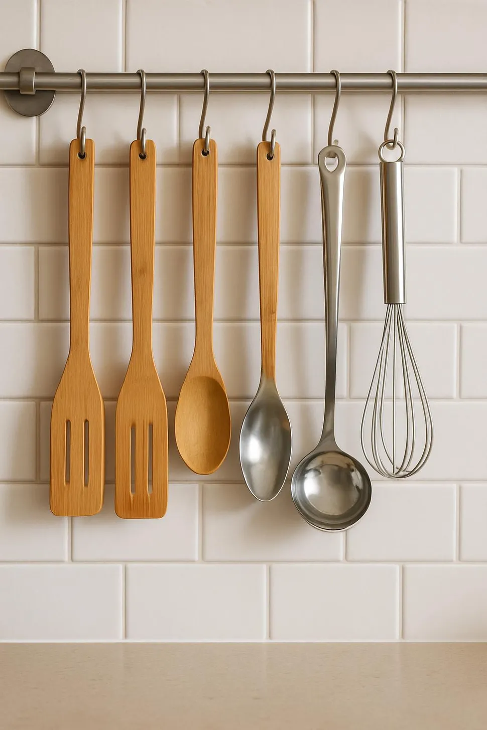 Kitchen essentials hanging, including bamboo and metal utensils