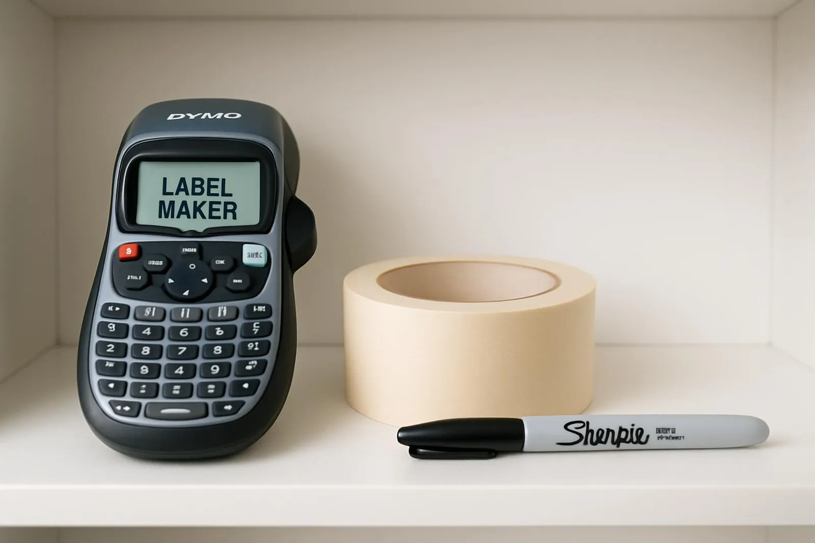 Label maker, masking tape, and Sharpie on a clean shelf