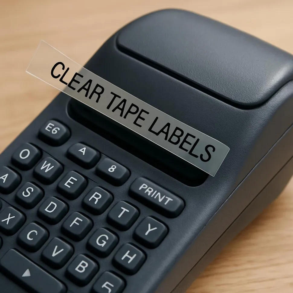 Label maker printing clear tape labels