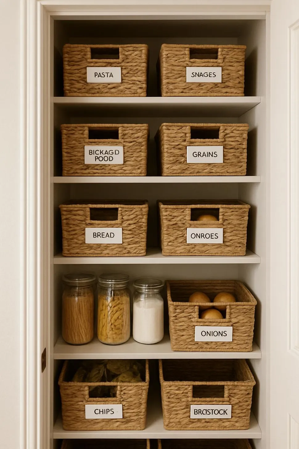 Labeled baskets in a small pantry maximizing vertical space