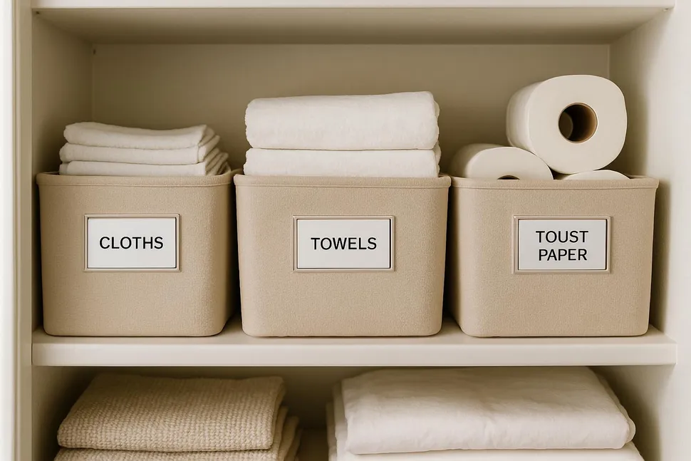 Labeled bins on a linen closet shelf