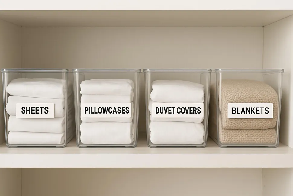 Labeled bins on a shelf with bedding categories
