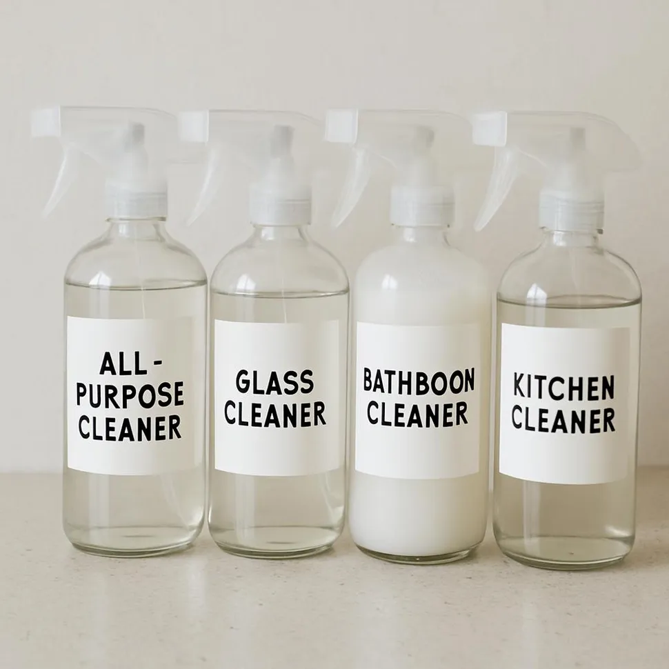 Labeled bottles for kitchen and bathroom cleaning